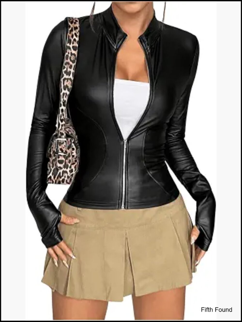 Faux Leather Jacket Thin Fleece Mock Neck Zip Up Long Sleeve Coat